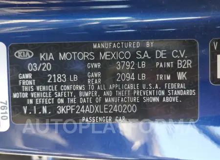 KIA FORTE FE 2020 vin 3KPF24ADXLE240200 from auto auction Copart