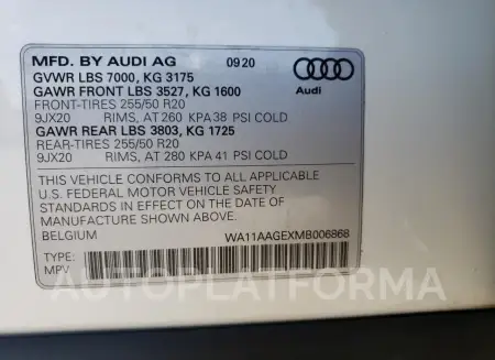 AUDI E-TRON SPO 2021 vin WA11AAGEXMB006868 from auto auction Copart