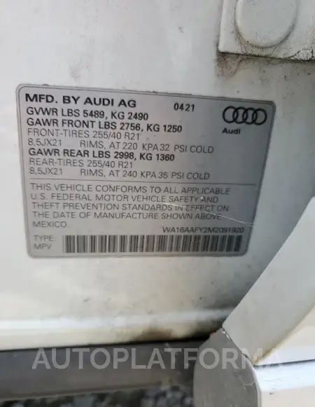 AUDI Q5 SPORTBA 2021 vin WA16AAFY2M2091920 from auto auction Copart