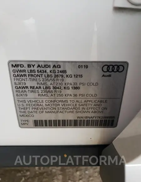 AUDI Q5 PREMIUM 2019 vin WA1BNAFY7K2056855 from auto auction Copart