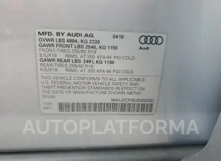 AUDI Q3 PREMIUM 2018 vin WA1JCCFS5JR033282 from auto auction Copart