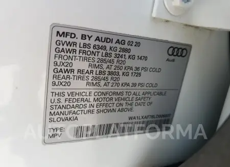 AUDI Q7 PREMIUM 2020 vin WA1LXAF76LD006007 from auto auction Copart