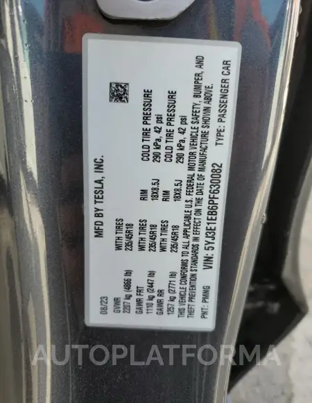 TESLA MODEL 3 2023 vin 5YJ3E1EB6PF630082 from auto auction Copart