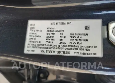 TESLA MODEL 3 2024 vin 5YJ3E1ET8RF786815 from auto auction Copart