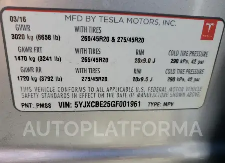 TESLA MODEL X 2016 vin 5YJXCBE25GF001961 from auto auction Copart