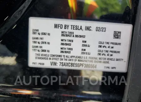 TESLA MODEL X 2023 vin 7SAXCBE55PF386564 from auto auction Copart