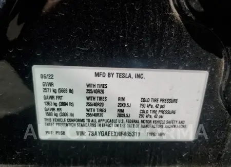 TESLA MODEL Y 2022 vin 7SAYGAEEXNF465311 from auto auction Copart