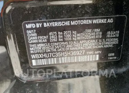 BMW X1 SDRIVE2 2017 vin WBXHU7C35H5H36927 from auto auction Copart