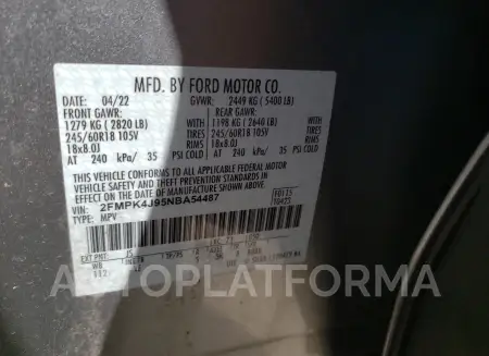 FORD EDGE SEL 2022 vin 2FMPK4J95NBA54487 from auto auction Copart