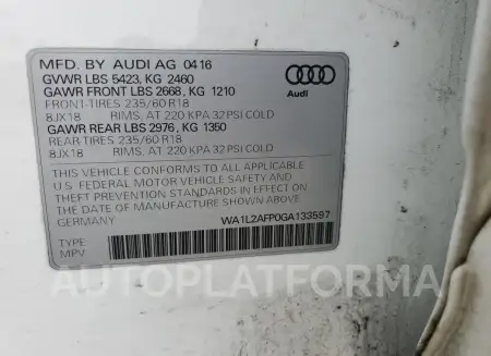 AUDI Q5 PREMIUM 2016 vin WA1L2AFP0GA133597 from auto auction Copart