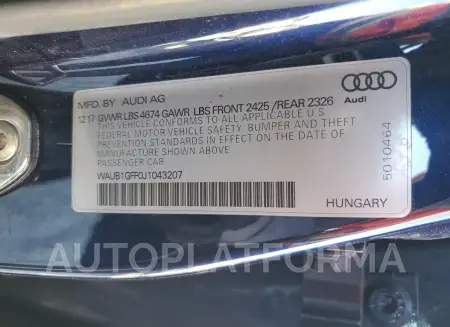 AUDI S3 PREMIUM 2018 vin WAUB1GFF0J1043207 from auto auction Copart