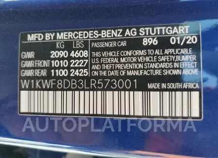 MERCEDES-BENZ C 300 2020 vin W1KWF8DB3LR573001 from auto auction Copart