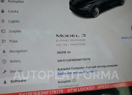 TESLA MODEL 3 2022 vin 5YJ3E1EB3NF176175 from auto auction Copart