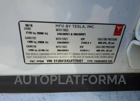 TESLA MODEL S 2018 vin 5YJSA1E43JF278451 from auto auction Copart