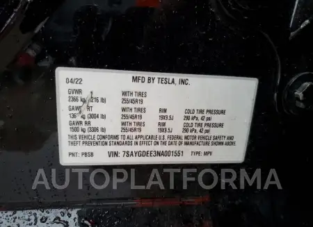 TESLA MODEL Y 2022 vin 7SAYGDEE3NA001551 from auto auction Copart