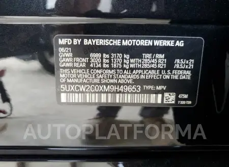 BMW X7 XDRIVE4 2021 vin 5UXCW2C0XM9H49653 from auto auction Copart