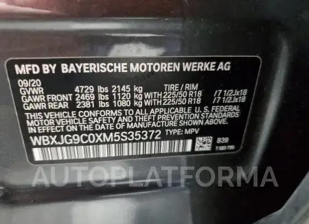 BMW X1 XDRIVE2 2021 vin WBXJG9C0XM5S35372 from auto auction Copart