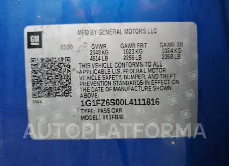 CHEVROLET BOLT EV PR 2020 vin 1G1FZ6S00L4111816 from auto auction Copart