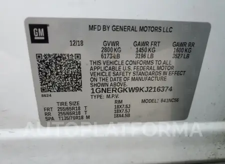 CHEVROLET TRAVERSE L 2019 vin 1GNERGKW9KJ216374 from auto auction Copart