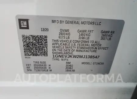 CHEVROLET TRAVERSE R 2021 vin 1GNEVJKW2MJ138547 from auto auction Copart