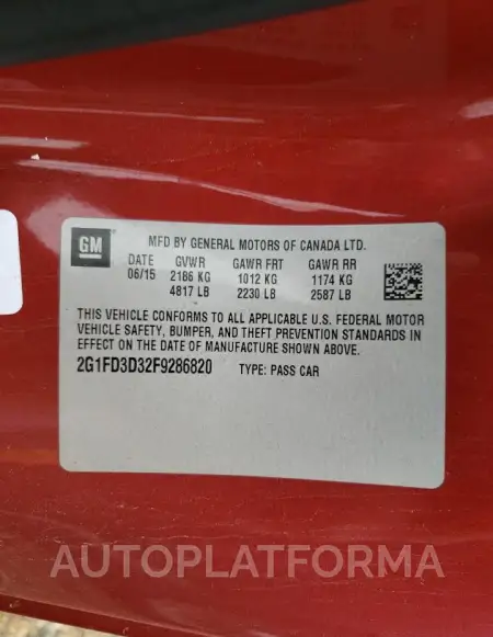 CHEVROLET CAMARO LT 2015 vin 2G1FD3D32F9286820 from auto auction Copart