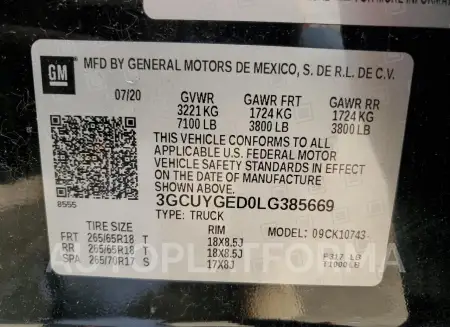 CHEVROLET SILVERADO 2020 vin 3GCUYGED0LG385669 from auto auction Copart