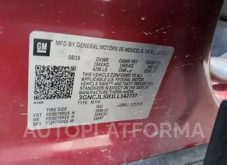 CHEVROLET TRAX 1LT 2020 vin 3GNCJLSB1LL142737 from auto auction Copart