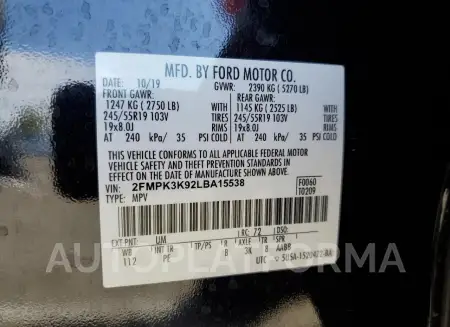 FORD EDGE TITAN 2020 vin 2FMPK3K92LBA15538 from auto auction Copart