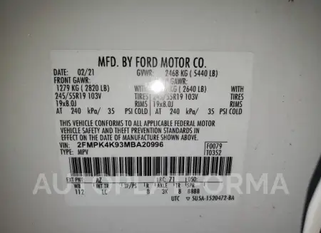 FORD EDGE TITAN 2021 vin 2FMPK4K93MBA20996 from auto auction Copart