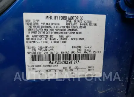 FORD ECOSPORT S 2019 vin MAJ6S3GL2KC281277 from auto auction Copart