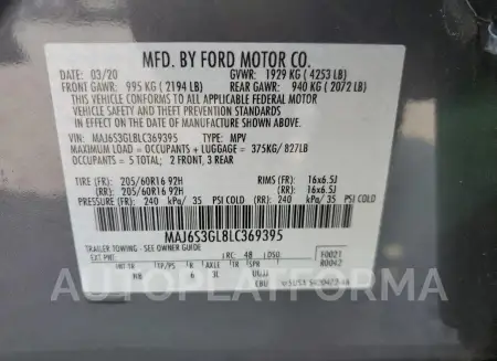 FORD ECOSPORT S 2020 vin MAJ6S3GL8LC369395 from auto auction Copart