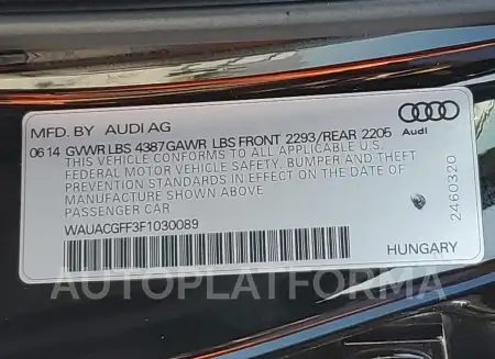 AUDI A3 PREMIUM 2015 vin WAUACGFF3F1030089 from auto auction Copart