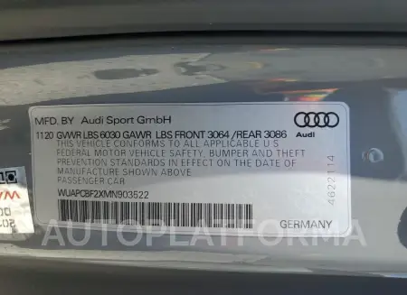 AUDI RS7 2021 vin WUAPCBF2XMN903522 from auto auction Copart