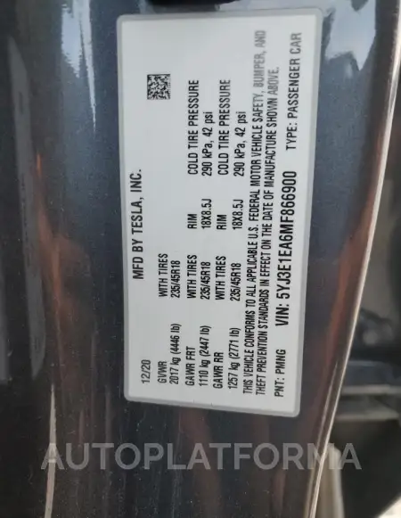 TESLA MODEL 3 2021 vin 5YJ3E1EA6MF866900 from auto auction Copart