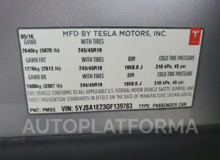 TESLA MODEL S 2016 vin 5YJSA1E23GF139783 from auto auction Copart