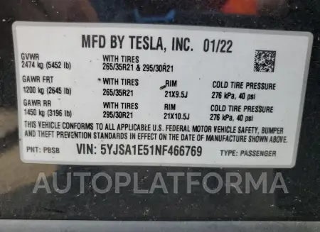 TESLA MODEL S 2022 vin 5YJSA1E51NF466769 from auto auction Copart