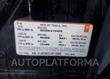 TESLA MODEL X 2018 vin 5YJXCAE27JF110942 from auto auction Copart