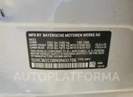 BMW X7 XDRIVE4 2022 vin 5UXCW2C08N9N00766 from auto auction Copart