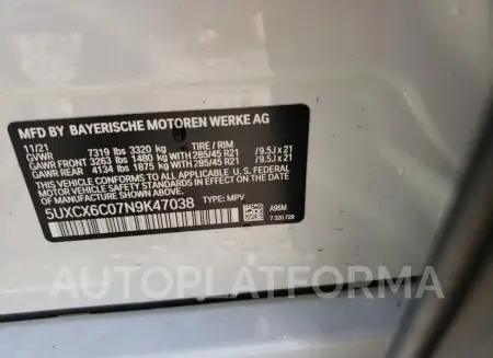 BMW X7 M50I 2022 vin 5UXCX6C07N9K47038 from auto auction Copart