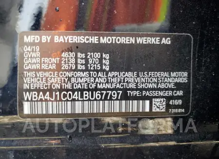 BMW 430I GRAN 2020 vin WBA4J1C04LBU67797 from auto auction Copart