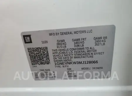 CHEVROLET TRAVERSE H 2021 vin 1GNEVNKW3MJ128066 from auto auction Copart