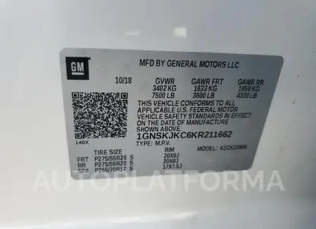 CHEVROLET SUBURBAN K 2019 vin 1GNSKJKC6KR211662 from auto auction Copart