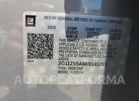 CHEVROLET IMPALA LT 2019 vin 2G11Z5SA6K9145283 from auto auction Copart