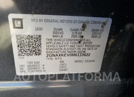 CHEVROLET EQUINOX LT 2021 vin 2GNAXKEV0M6133622 from auto auction Copart