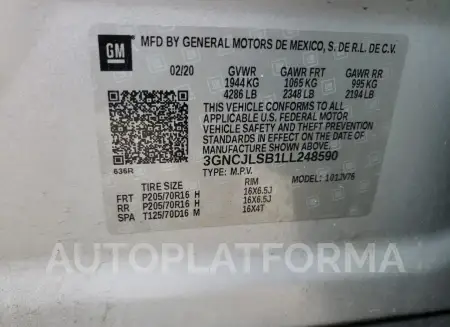 CHEVROLET TRAX 1LT 2020 vin 3GNCJLSB1LL248590 from auto auction Copart