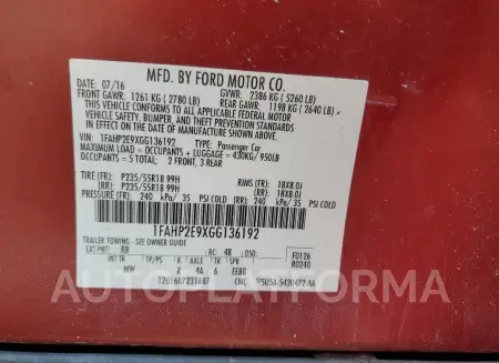 FORD TAURUS SEL 2016 vin 1FAHP2E9XGG136192 from auto auction Copart