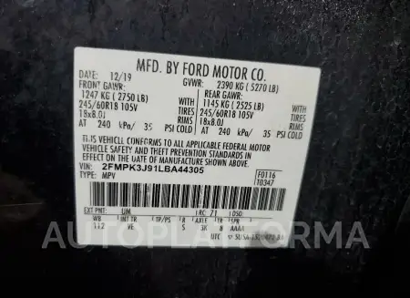 FORD EDGE SEL 2020 vin 2FMPK3J91LBA44305 from auto auction Copart