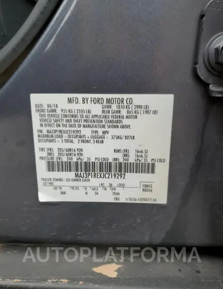 FORD ECOSPORT S 2018 vin MAJ3P1REXJC219292 from auto auction Copart