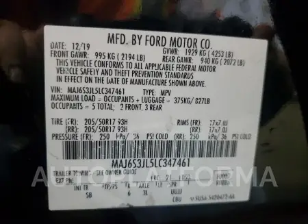 FORD ECOSPORT S 2020 vin MAJ6S3JL5LC347461 from auto auction Copart