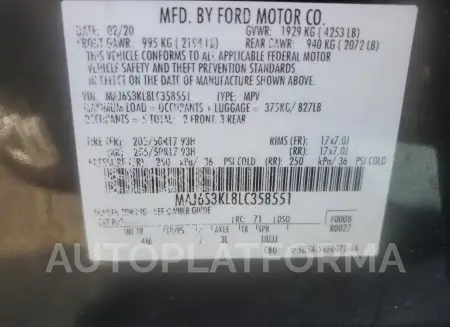 FORD ECOSPORT T 2020 vin MAJ6S3KL8LC358551 from auto auction Copart